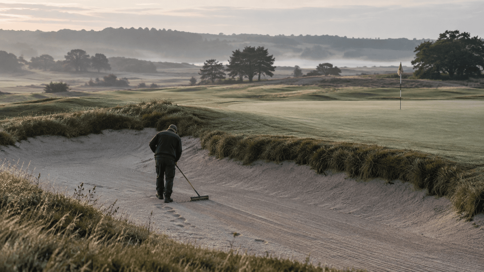 A greenkeeper rakes a bunker beside the green at first light, mist over the course behind.
